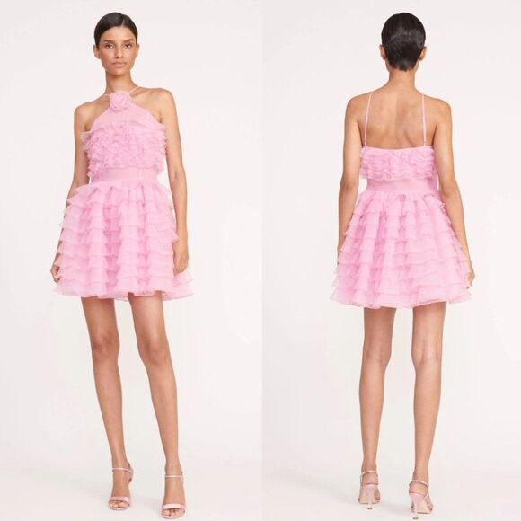 NWT Staud Florian Rosette Appliquéd Ruffled Organza Mini Dress Tulip Pink Size 2 - Picture 12 of 13